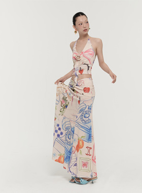 LINY LIBERTY 24SS 慵懒夏日挂脖露肩背心女印花中长款半裙套装