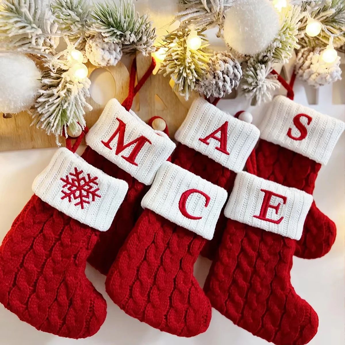 Xmas  Decor Christmas Socks Knitting Snowflake Letter Stocki