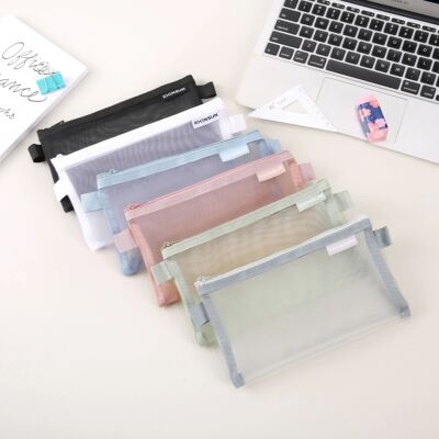 Mesh Pencil Case Morandi Color Zipper Bag Transparent Statio