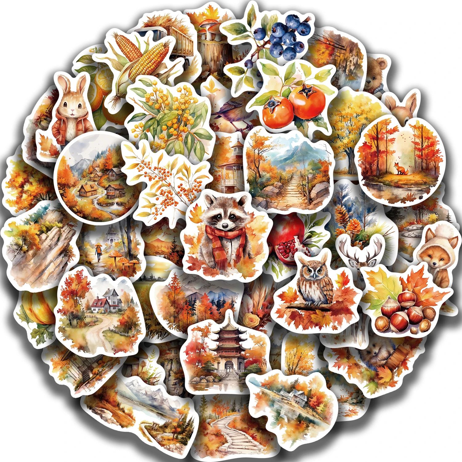 50pcs Waterproof Graffiti Cute Cartoon Autumn Animals Foods