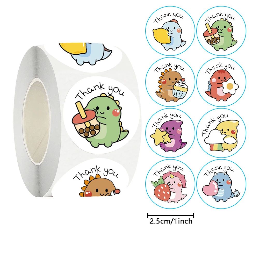 50/100/500pcs 1 Inch Thank You Stickers Cartoon Dinosaur Lab