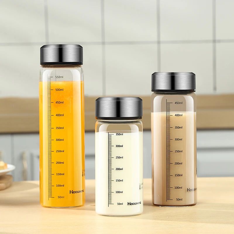 Portable Glass Water Bottle Hot Milk Bottle graduated Cup wi