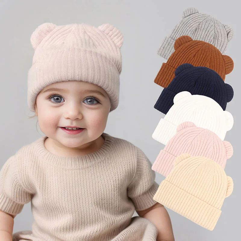 0-2year Baby Knitted Hat Kids Solid Color Woolen Pullover Ca