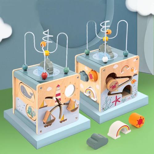 Wooden Activity Cube for Toddlers 5in1 Animal Shape Sorter B