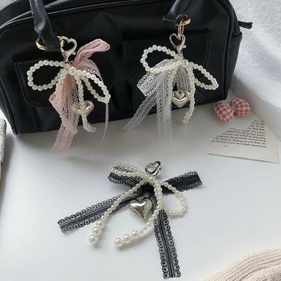 1Pcs Sweet Lace Bow Beaded Bow Keychain Phone Charm Strap Pe