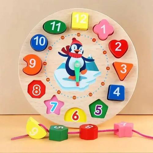 Montessori Wooden Number Puzzle Shape Color Sorting Clock To