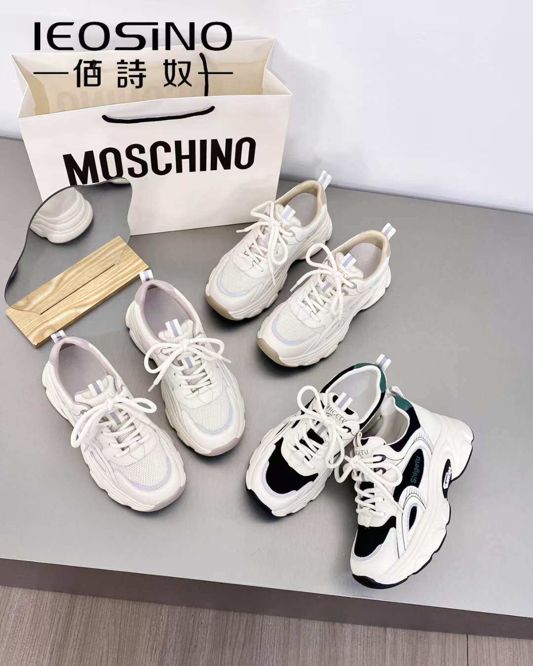 462442385佰诗奴女鞋2024春款真皮网面厚底增高休闲运动老爹鞋女