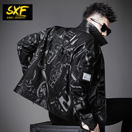 SXF圣希梵真皮皮衣男2022新款 提花牛仔拼接夹克翻领机车男士外套