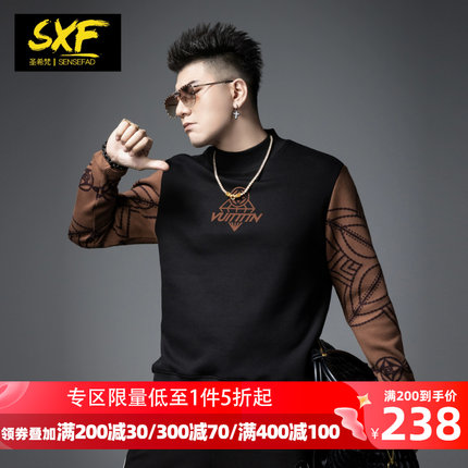 SXF圣希梵卫衣男 加绒美拉德针织袖拼接2023秋冬半高领男士上衣服