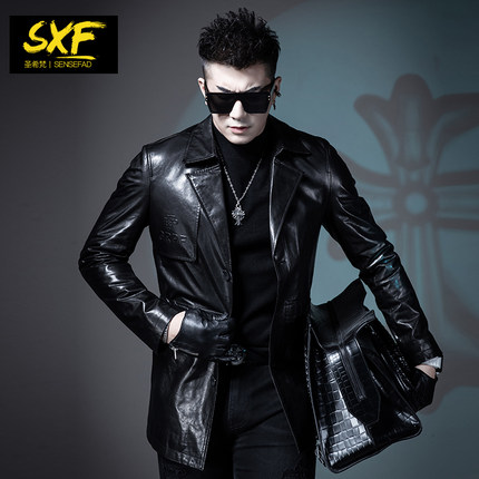 SXF圣希梵皮衣外套男真皮 中长款修身西服夹克帅气男士真皮西装潮