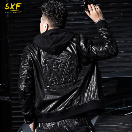 SXF圣希梵男士真皮皮衣 海宁绵羊皮连帽刺绣加厚夹棉夹克外套男潮