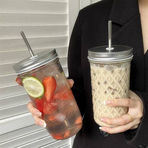 高颜值学生奶茶杯可循环使用玻璃重复用家用果汁杯冷饮杯吸管杯子