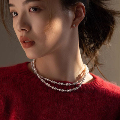 s925银天然淡水珍珠施家毛衣链