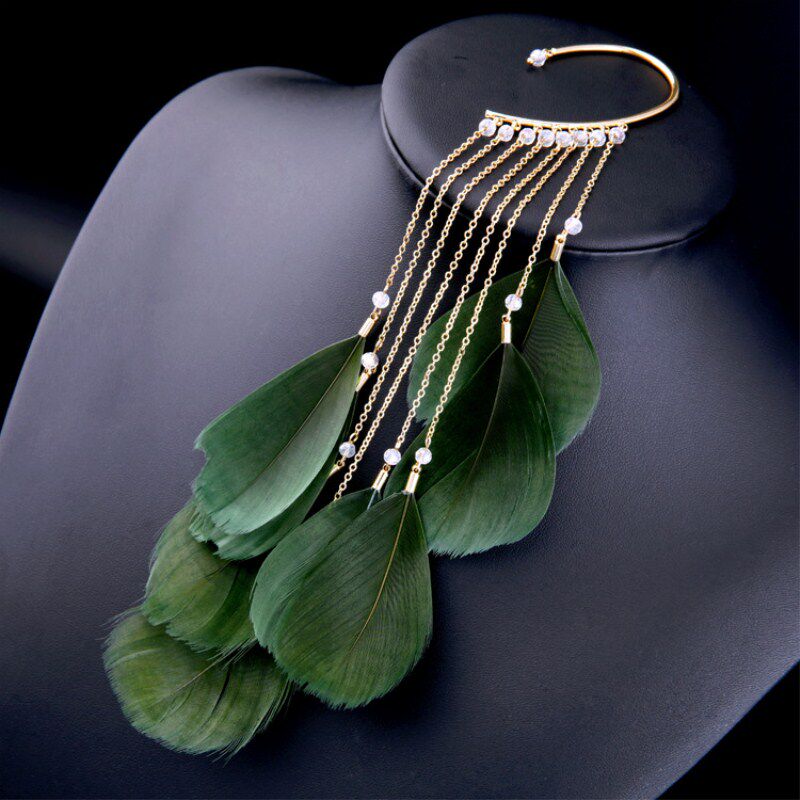 夸张长款耳骨夹气质女无耳洞耳夹网红度假耳环超仙羽毛流苏耳挂