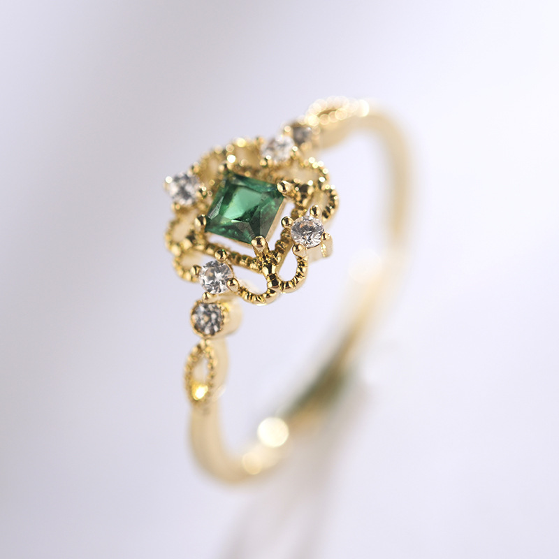 戒指简约小清新韩国新款方形祖母绿钻14k金纤细百搭开口戒指尾戒