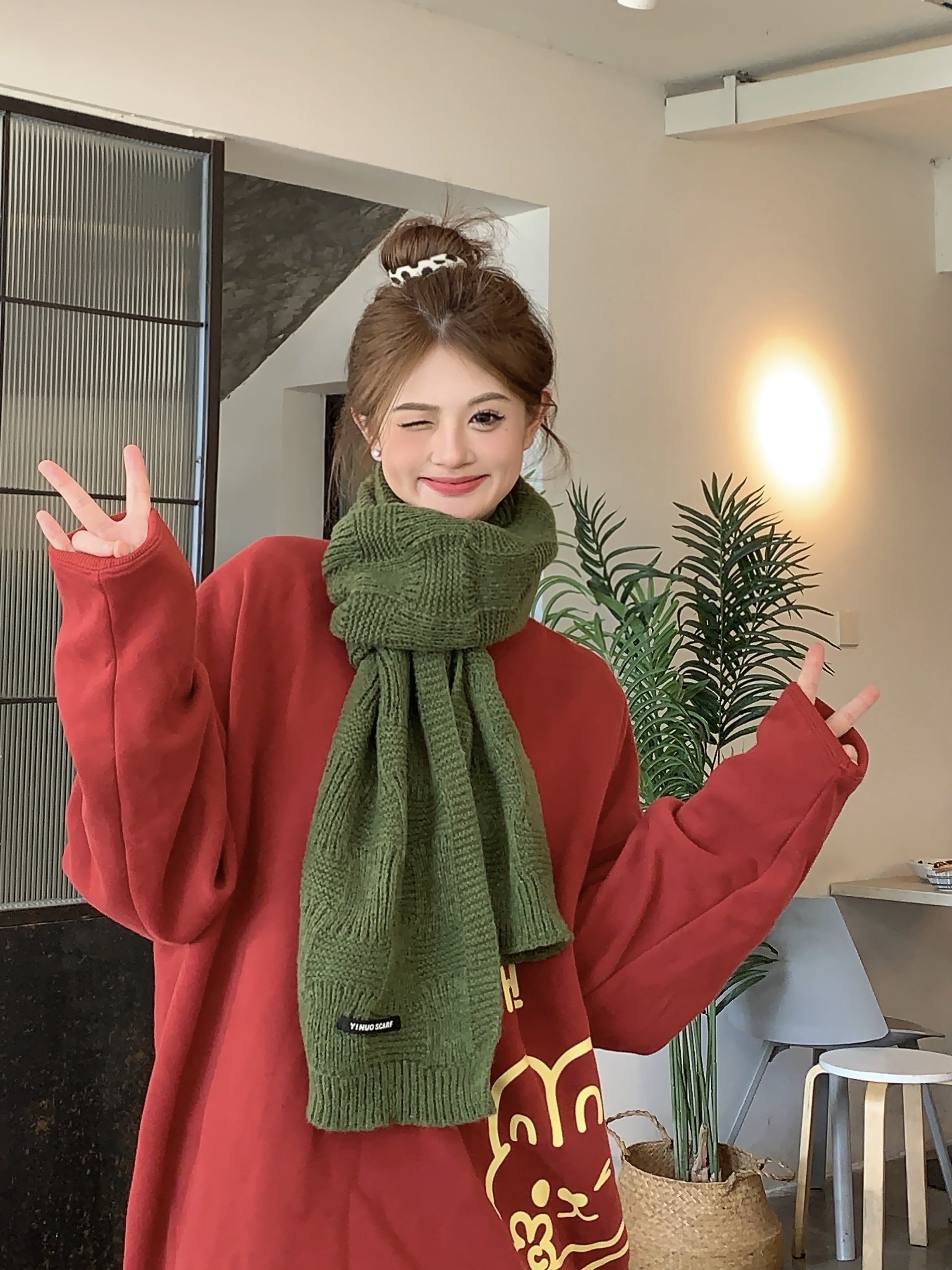 CDLM陈大刘芒 纯色绿色百搭毛线针织围巾女冬圣诞红色女保暖围脖