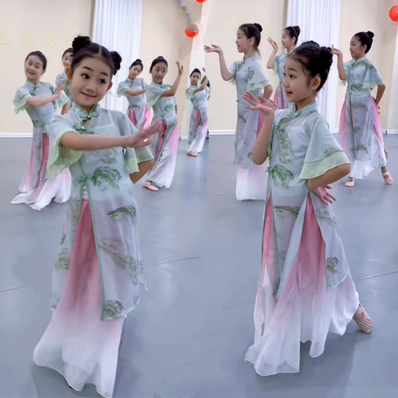 儿童演出服古典舞小月儿同款冠玉旗袍中国风舞蹈服扇子伞舞表演服