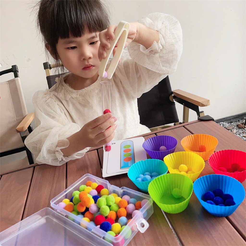 幼儿园颜色认知教具毛球试管排序精细动作训练2-4岁益智早教玩具