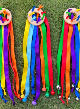 儿童彩虹彩带木质铃铛早教表演玩具民族风舞蹈丝带抽抽乐手眼协调