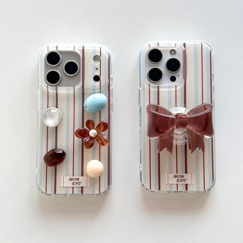 freeeedoooom秋冬棕蓝条纹缪缪风适用iPhone17promax苹果16手机壳14简约15蝴蝶结支架小众13双层保护套原创