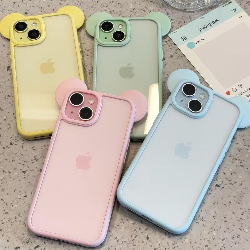马卡龙立体米奇耳朵手机壳适用iPhone16ProMax半透磨砂15可爱少女14全包防摔13软壳苹果17pro清新淡色系小众