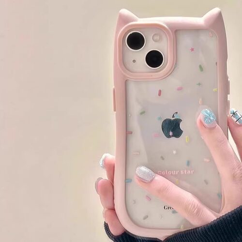 苹果手机壳ins新款创意甜心猫耳朵适用iPhone16promax防摔保护套苹果15plus满屏彩点少女心14pro可爱透明粉色