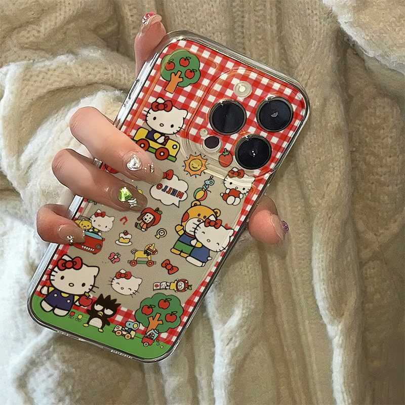ins可爱红格子kt猫咪适用苹果17promax不会撞壳手机壳新款iPhone16pro硅胶13小众高级感14透明15防摔全包软壳