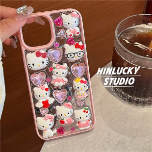苹果手机壳立体爱心hellokitty适用苹果14手机壳iphone15promax滴胶透明13手机套卡通12/11女防摔保护套小众