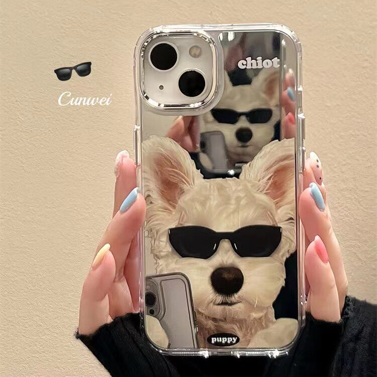 苹果手机壳个性自拍墨镜小狗适用苹果14ProMax手机壳镜面iPhone13新款15女款12pro网红11小众13pro防摔保护套