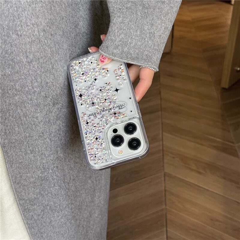 流沙碎钻黑色星星苹果手机壳新款适用iPhone16promax防摔保护套透明苹果15pro小众手机壳苹果14/13高级感少女
