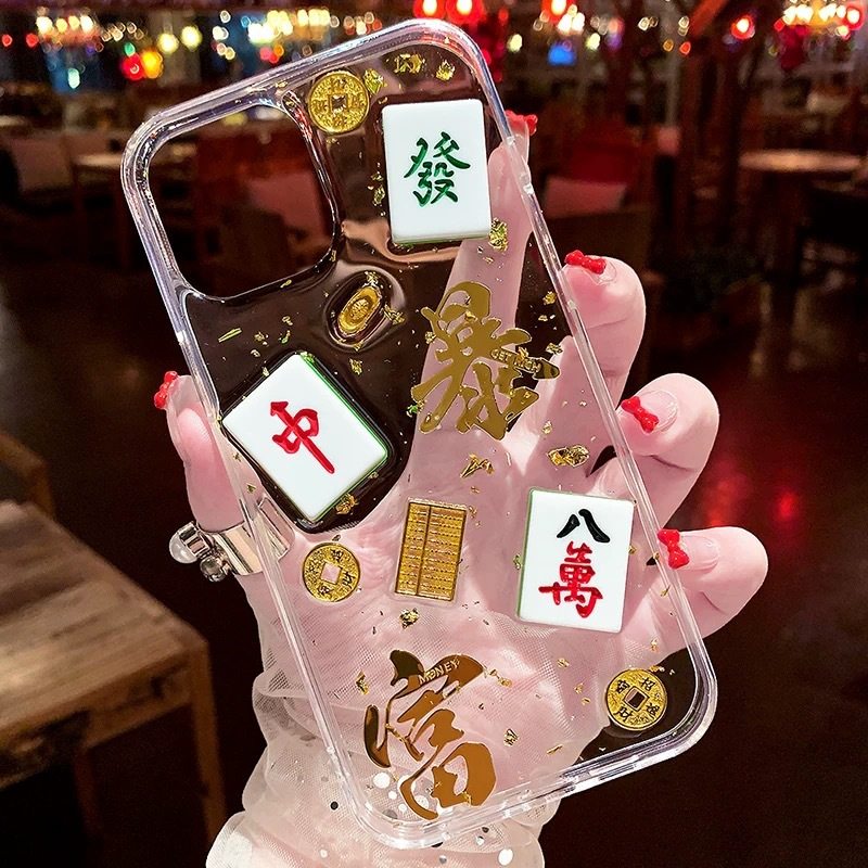 创意立体发财麻将苹果手机壳新款适用iPhone17promax防摔保护套苹果16pro透明滴胶金箔高级感15新年招财软壳