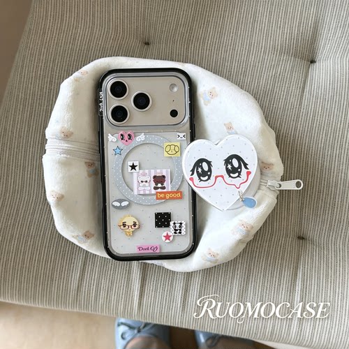 RUOMO原创千禧Y2K风爱心眼泪适用iPhone17promax磁吸贝贝壳苹果16pro黑边带支架15透明小众防摔手机壳