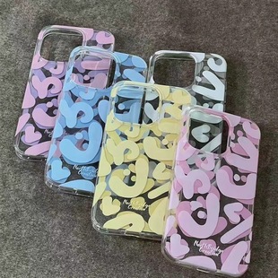 13promax手机壳12pro软壳xr女 苹果手机壳夏日新款 绿粉蓝英文涂鸦适用iPhone16promax防摔保护套苹果15个性