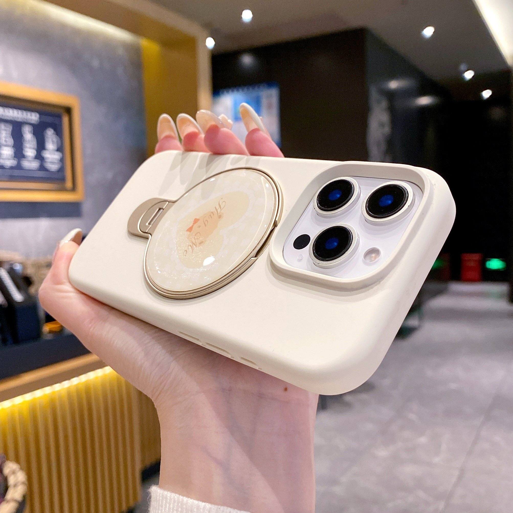【超可爱小镜子格子爱心】适用于苹果16promax手机壳iPhone17液态硅胶立体折叠旋转镜面14pm补妆神器ip13女款