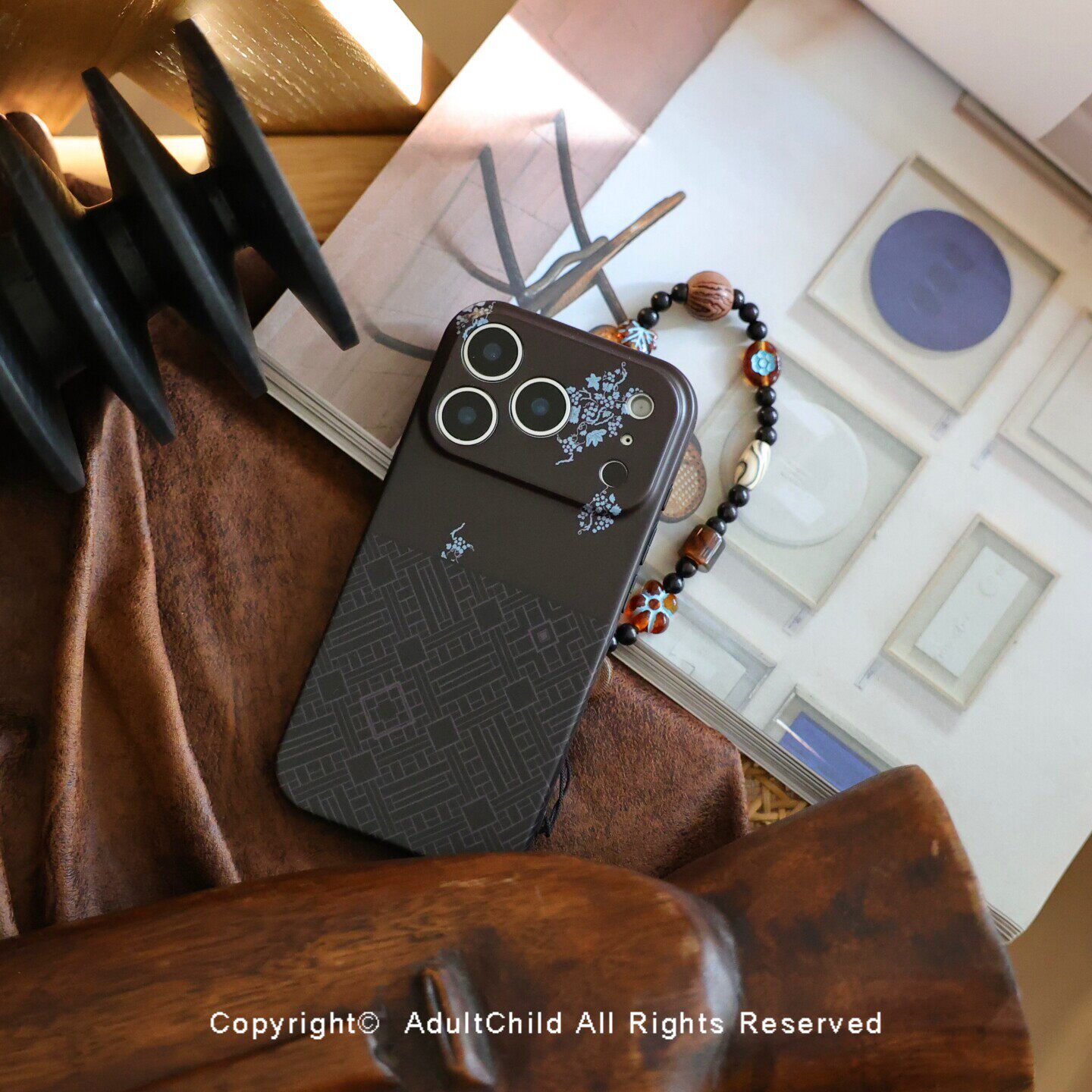 adultchild原创设计高级感花卉苹果17promax精孔全包镜头手机壳16Pro黑边imd磨砂软壳14 15plus保护套带挂绳