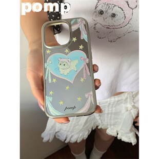 pomp原创设计手绘咪咪帽子小猫墨镜小猫苹果撞色ins日韩风16pro15promax镜面手机壳