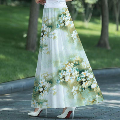 2025新款宽松遮胯休闲长裙雪纺印花沙滩长裙遮胯洋气胖mm过膝长裙