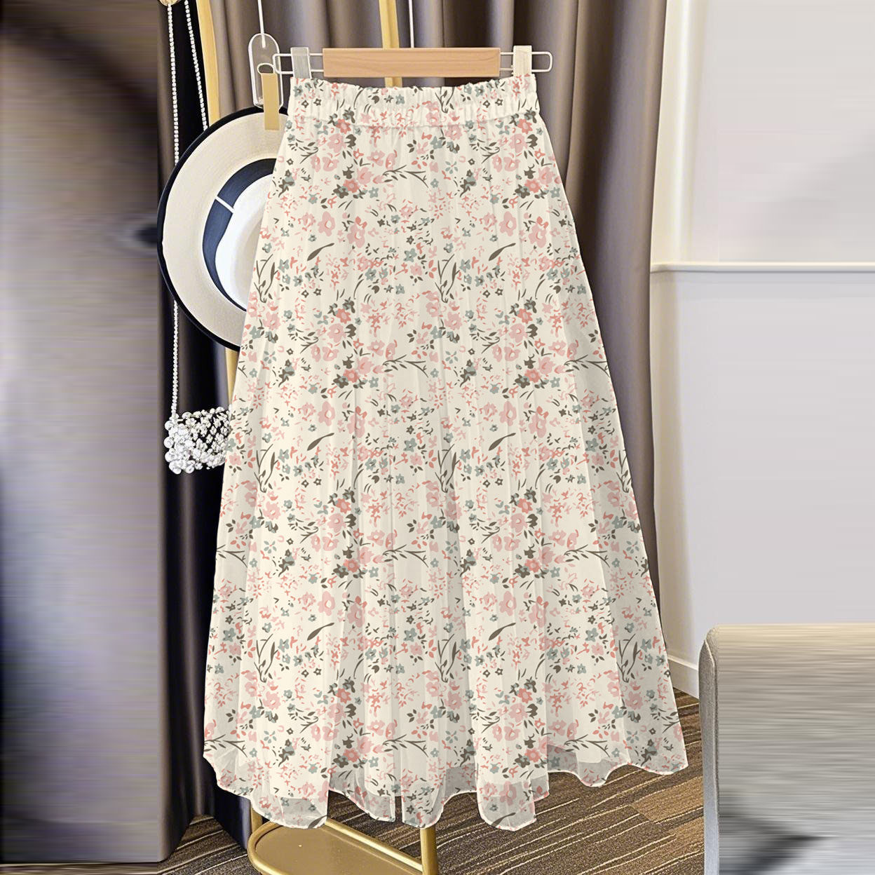 夏天高腰裙女士百搭碎花显瘦高腰大码休闲宽松气质a字雪纺半身裙