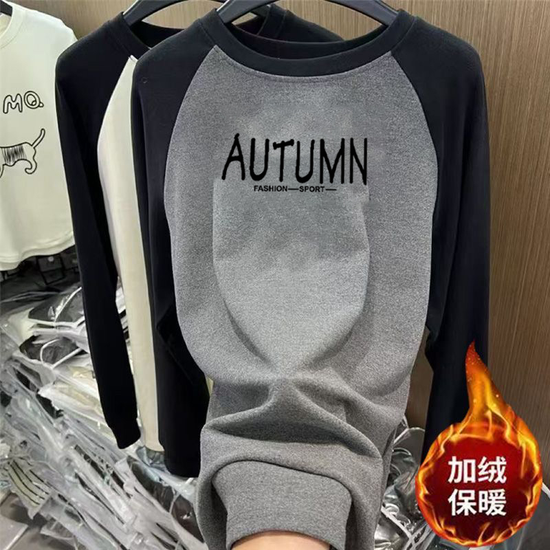 大码中长款长袖T恤女秋冬新款韩版时尚宽松洋气德绒上衣遮肉体恤