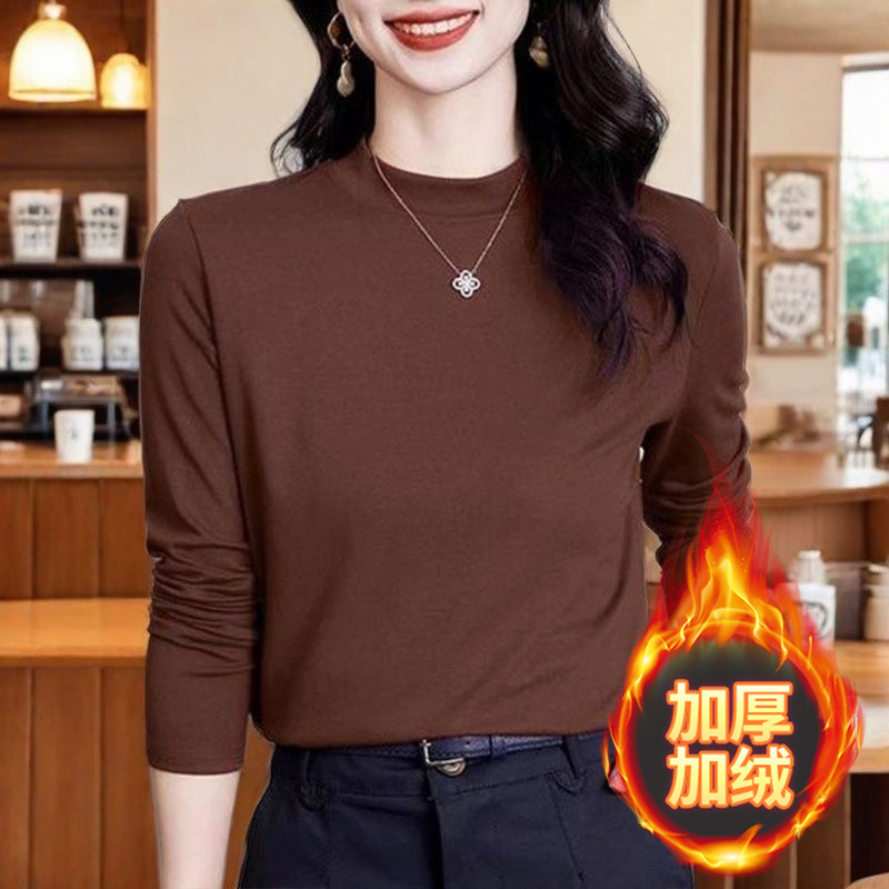 银狐绒秋冬加绒加厚打底衫女长袖韩版修身保暖一体绒半高领上衣女