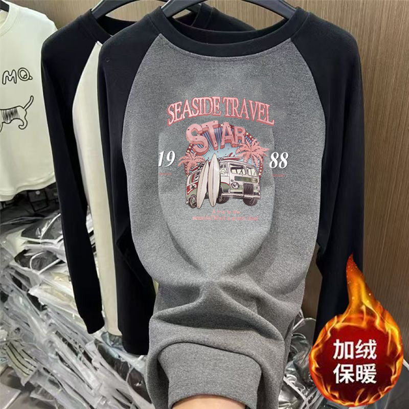 中长款长袖t恤女时尚秋冬新款百搭宽松显瘦洋气韩版德绒保暖上衣