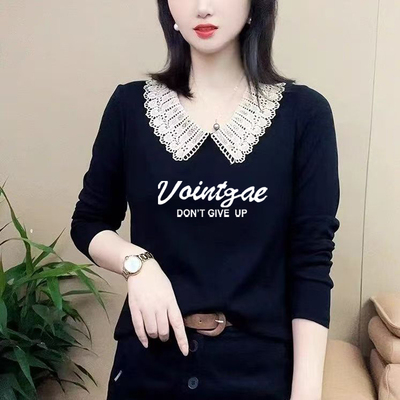 2025娃娃领T恤女宽松花边领新款拼接显瘦韩版百搭底衫遮肉上衣