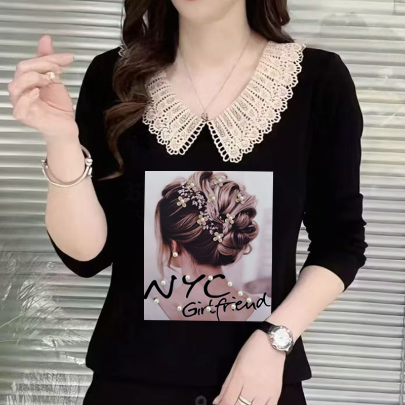 韩版长袖t恤花边娃娃领女遮肉显瘦休闲洋气设计感小众减龄上衣
