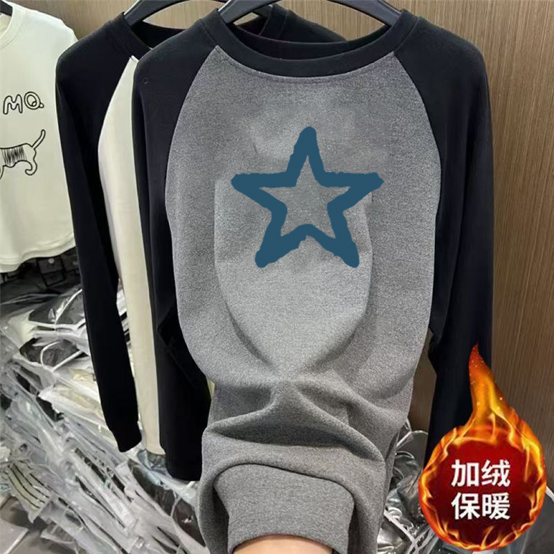 秋冬新款韩版宽松长袖T恤女百搭德绒上衣显瘦拼接大码休闲打底衫