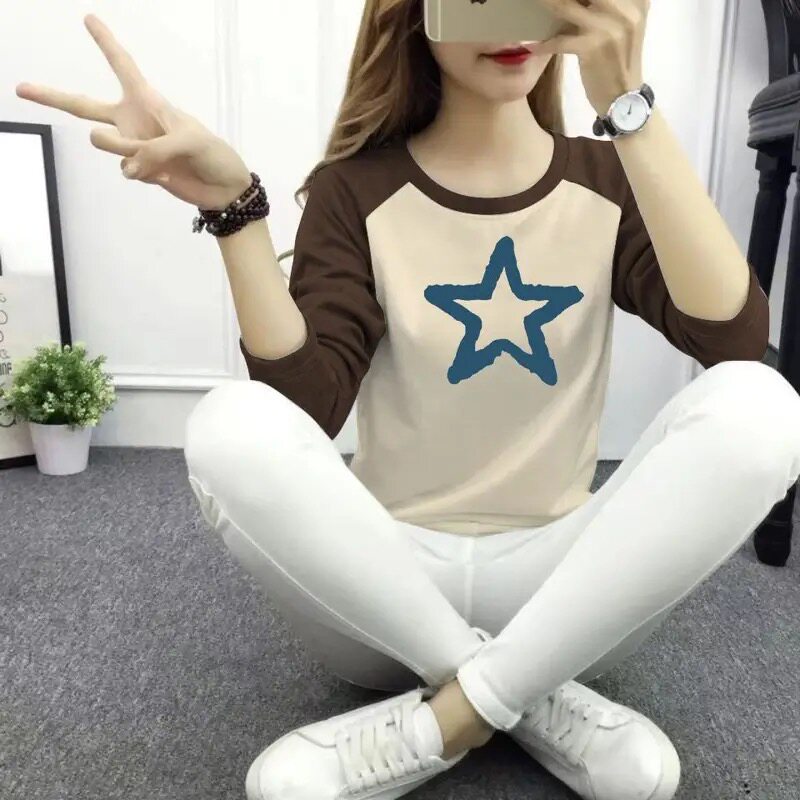 时尚减龄春秋季新款百搭休闲长袖t恤修身大码时尚遮肚显瘦上衣女