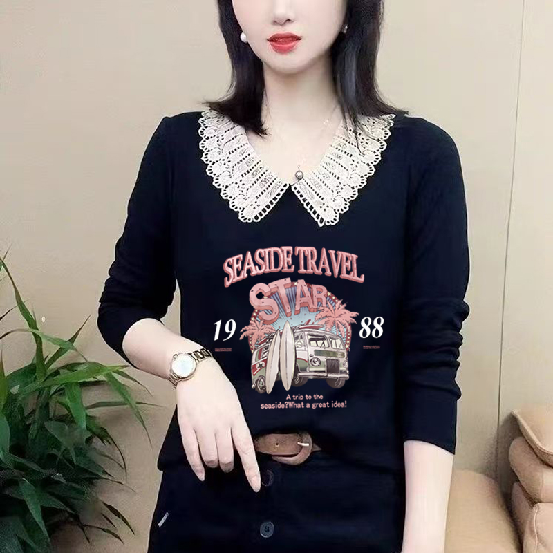 春秋新款T恤女宽松花边领气质减龄拼接显瘦韩百搭版长袖上衣