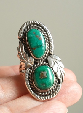 阿兹特克风格 中古古董美国进口银镶嵌绿松石 印第安 民族风戒指