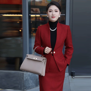 高级感气质名媛红色订婚礼服小香风毛呢外套半身裙两件套装女秋冬