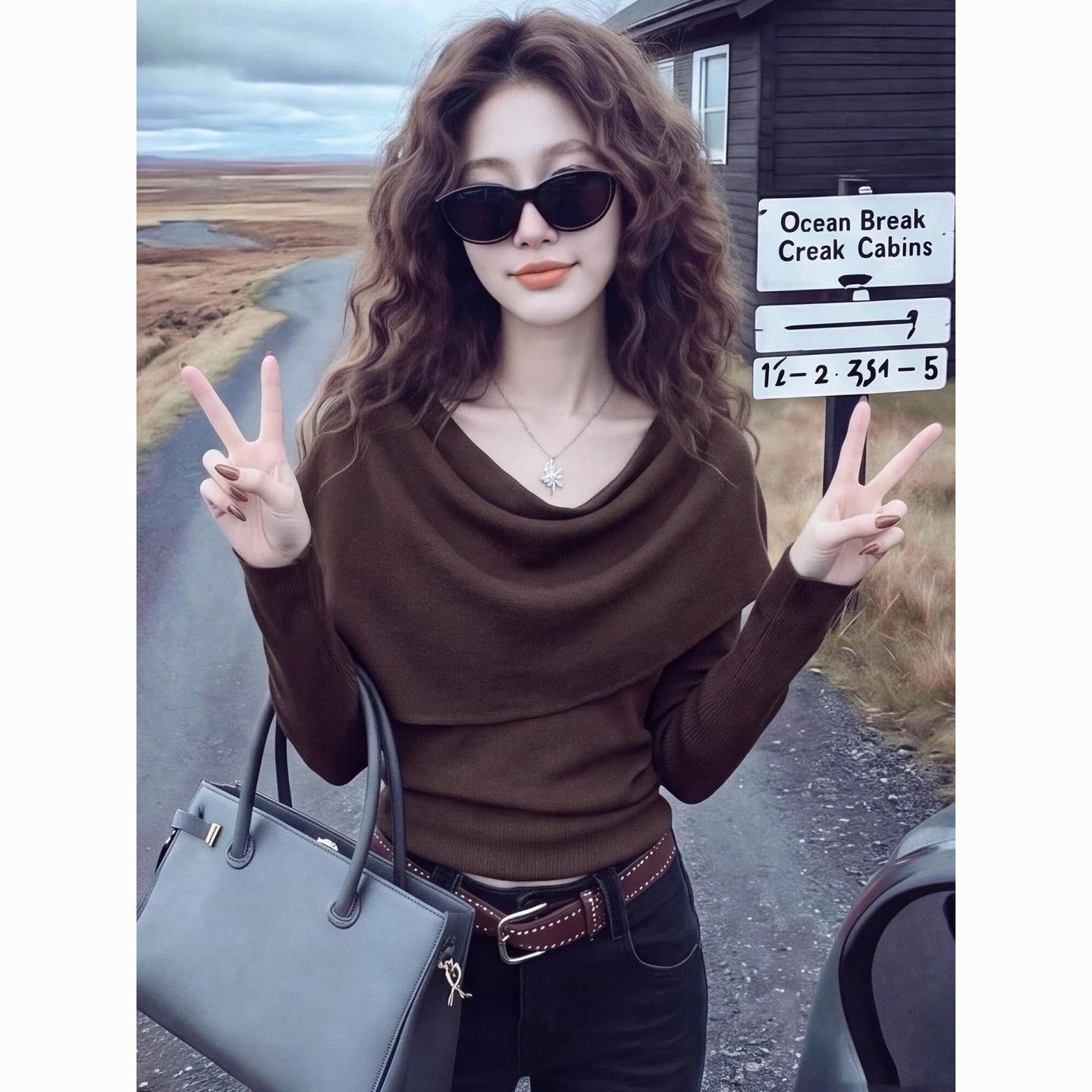 秋法式荡领披肩咖啡色长袖体恤女2026新款独特漂亮巨好看减龄上衣