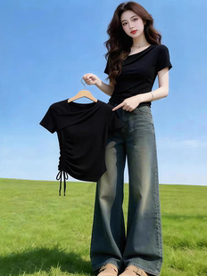 韩版时尚斜领抽绳短袖t恤女2026年夏季修身气质减龄显瘦黑色上衣